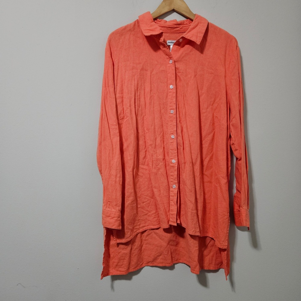 FeelGoodStore Coral Orange‎ Linen Blend High Low Button Down Tunic Shirt 1X